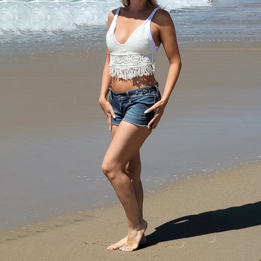Fringe Trim Crochet Crop Top in Ivory Color